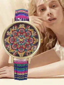 Bohemian Vintage Quartz Watch, Zinc Alloy Case, Colorful Woven Leather Strap, Floral Mandala Dial, Precision Movement, Women's Daily Commute