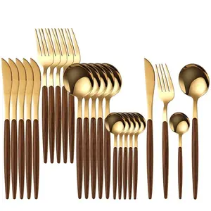 24pcs High-End Stainless Steel Cutlery Set, Modern Tableware Sets, Wood Handle, Dishwasher Safe, Perfect for Hotel Weddings Family Gatherings, Gift Essential