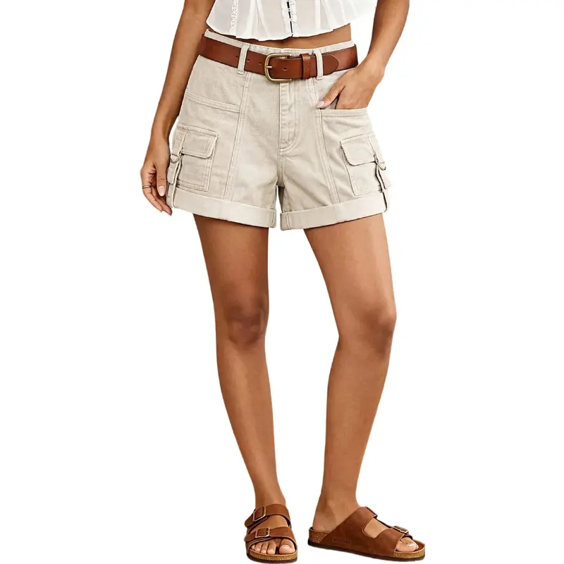 Flamingals Solid Flap Pocket Roll Hem Mid Rise Cargo Shorts Without Belt Stretchy 4.3'' Inseam