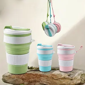 Silicone Collapsible Travel Cup, Food Grade Reusable Folding Mug with Lids, Expandable Retractable Drinking Set, Portable, Pocket Size for Outdoor Camping Travel and Hiking