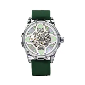 Men's Skeleton Quartz Watch — Luxury Stainless Steel Waterproof Wristwatch with Green Silicone Strap | Ideal for Business, Casual Wear, and Gifting