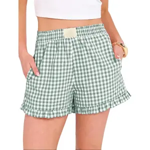 EncoLax Women Plaid Pajama Ruffle Shorts Fashion 2026 Summer Beach Bottoms Lounge Shorts with Pockets