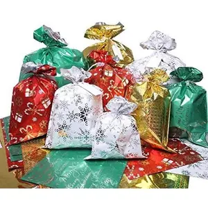 Christmas  Bags, 32 count Santa Wrapping Bag in 4 Sizes and 4 Designs with Ribbon Ties and Tags for Wrapping Holiday