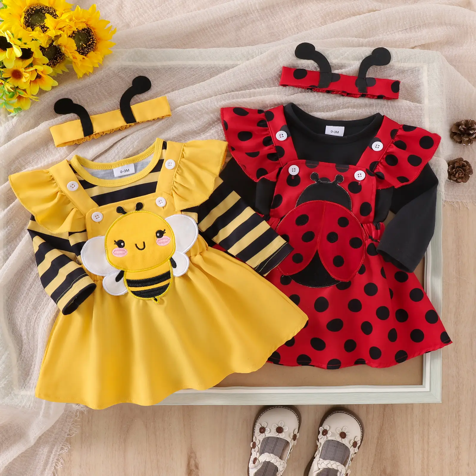 Baby Girls Halloween Clothes Newborn Skirt Sets Flying Sleeve Romper Bee/Beetle Embroidery Suspender Dress + Headband