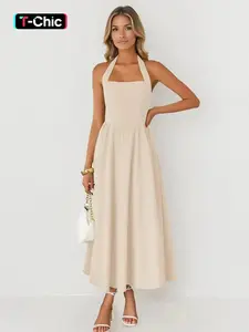 KatchMe Women's Casual Vibrant Chic Thin Waist Sleeveless Ruched Halterneck Maxi Dress