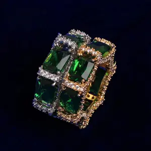 [ICE HUE] Unisex 18K Gold Vacuum Double Plated Copper Ring with 5A+ Sri Lanka Zircon Emerald, Miami-Italy-Mexico & Micro Inspired, Cuban Gold-Tone Designer Style Costume Accessory for Daily Wear & Gifting, Gold Rings, Copper Rings