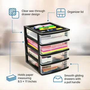 Gracious Living 4 Drawer Desktop Countertop Storage with Organizer Lid, Black