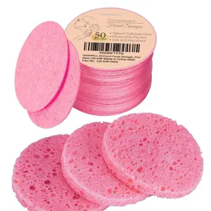 50-Count Compressed Facial Sponge for Daily Facial Cleansing and Exfoliating, 100% Natural Cosmetic Spa Sponges for Makeup Remover, Reusable, Pink