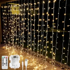 Fairy Curtain Lights Battery Operated and USB Plug in Remote 10 x 10 ft Hanging String Lights for Bedroom Wall 300 LED Indoor Outdoor Twinkle Lights for Wedding Party Backdrop Tent Patio Gazebo