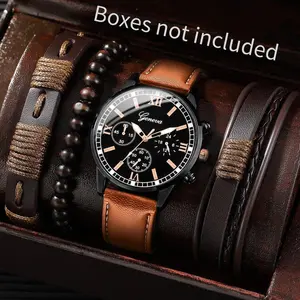 4PCS/Set Fashion Men Quartz Watch Bracelets Set Casual Leather Band Male's Business Watches Relogio Masculino（Without Box）