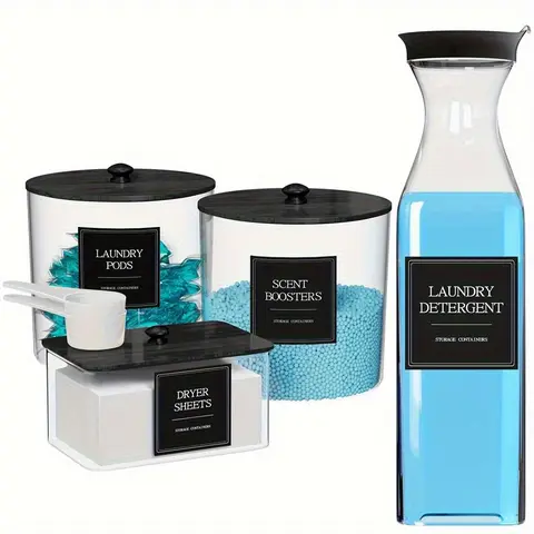 3+1 Laundry Storage Set, Home Organization Containers with Lids, Includes Soap Dispenser & Dryer Sheet Holder, Essential Detergent Accessories, Perfect for Organized Washrooms, Durable Plastic Material Canister Jar, Plastic Canisters
