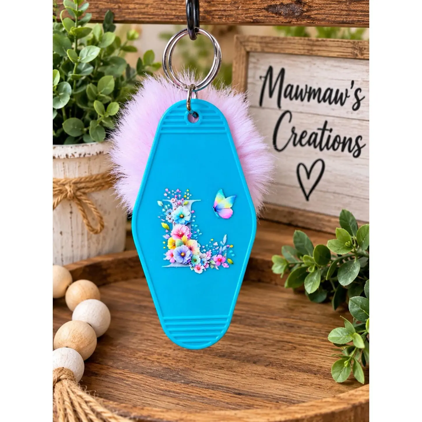 Mawmaw's Creations Initial Keychain with Pom Pom - Multiple Letter Styles Available.