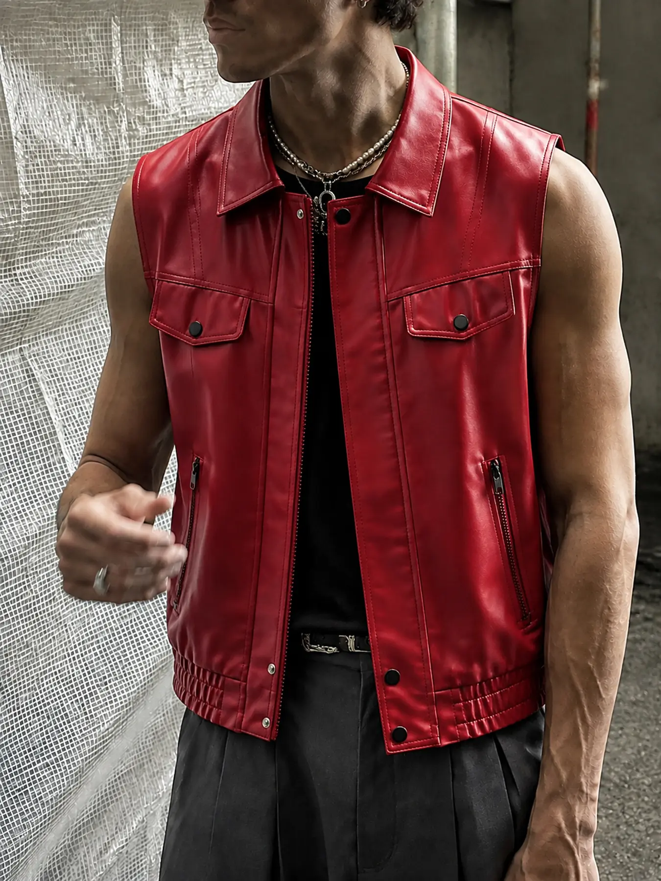 Men’s Faux Leather Motorcycle Vest – Sleeveless Collared Zip-Up Biker Jacket with Snap Flap Chest Pockets, Zipper Side Pockets & Elastic Hem