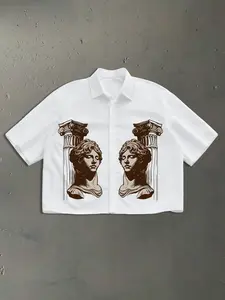 Men's Casual Short Sleeve Shirt, Symmetrical Ancient Greek Sculpture + Ionic Column Print, Collar Design, Regular Fit, Party Wear