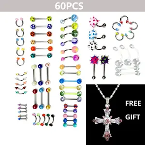 60Pcs Colorful Mixed Style Body Piercing Jewelry Set, Stainless Steel & Acrylic Nose Tongue Rings Combo Pack with Free Gift