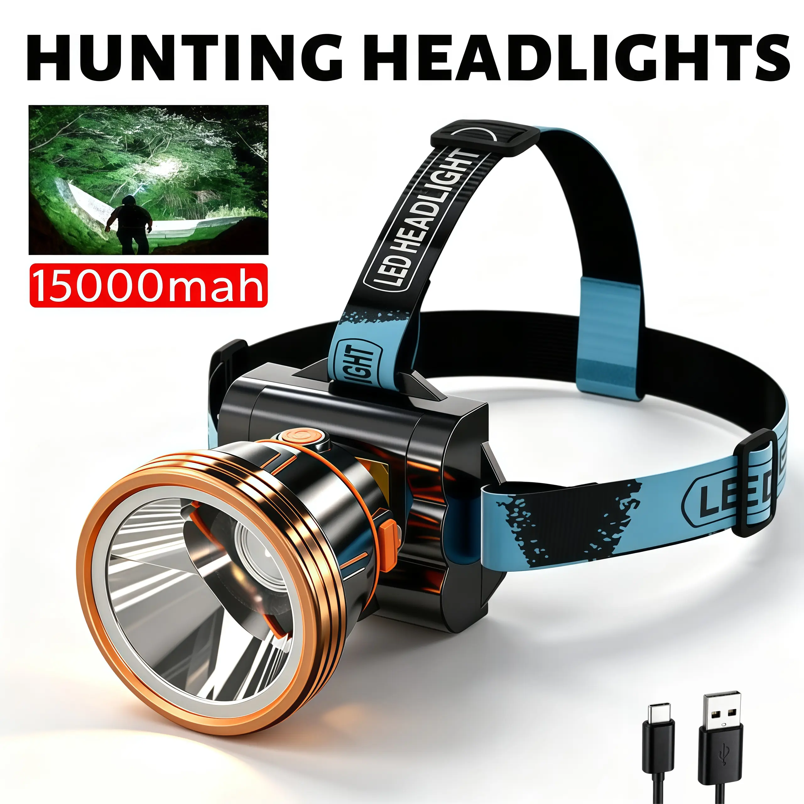 Rechargeable White Laser Headlamp, 15000mAh Hands-Free Light with 4 Modes and 90° Adjustable Beam for Camping, Hiking, Night Fishing, and Astronomy, Wrist Strap, Battery-Powered, Hands-Free White Laser Headlamp, Hiking / Light Outdoor, Tools And Gadgets,,