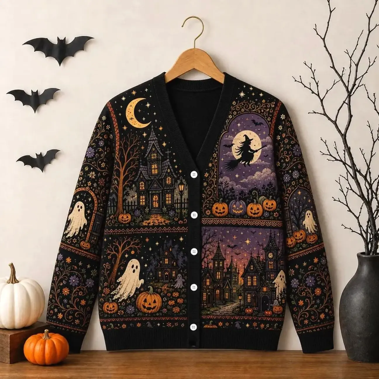 Black Gothic Halloween Cardigan Jacket, Witch Moon, Haunted Village, Ghost Pumpkin Folk Art