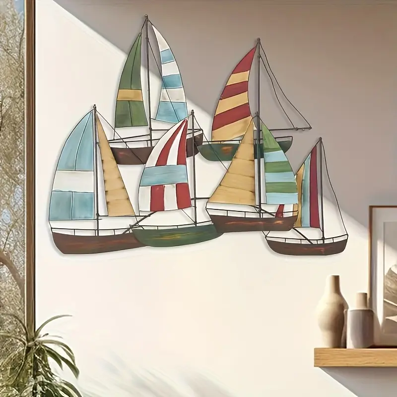 1 pc Large Iron Art Wall Decor – Sailboat Design Nautical Hanging Decoration (Blue, Green, Yellow, Red, Brown, Blue-Green, White, Black) – Indoor/Outdoor Housewarming, Wedding & Christmas Decor – Easy Hang with Pre-Drilled Holes  dorm wall decor