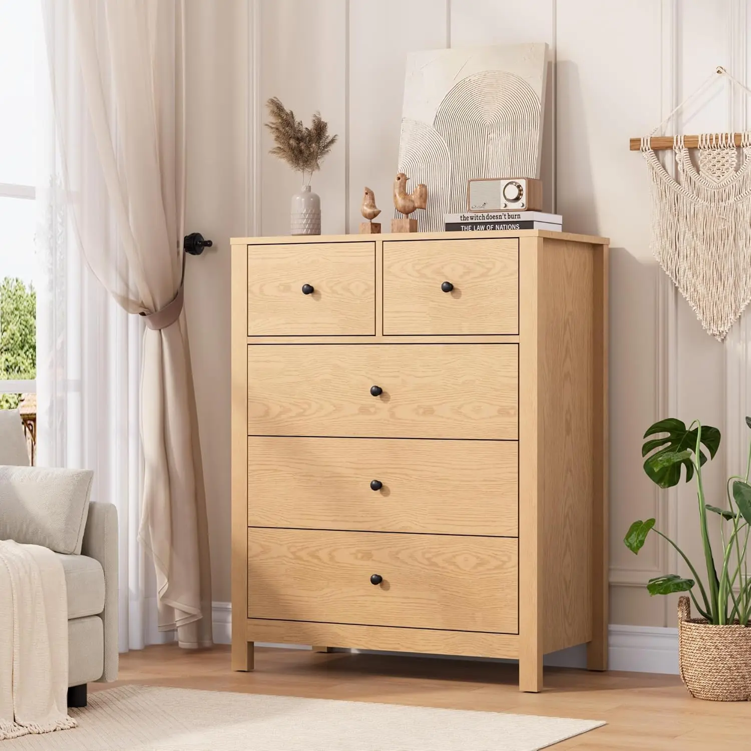 Garvee Minimalist Natural Oak 5-Drawer Wooden Base Dresser, Versatile Storage for Bedroom, Entryway, Home Office