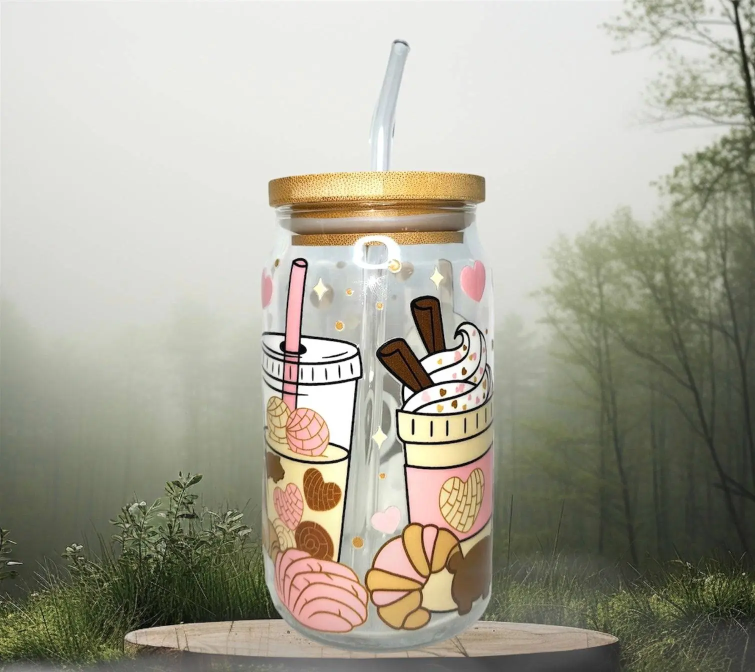 Glass Libbey Cup | 16oz Glass Libby Cups with Bamboo Lid and Straw | UVDTF Cup |pink coffee