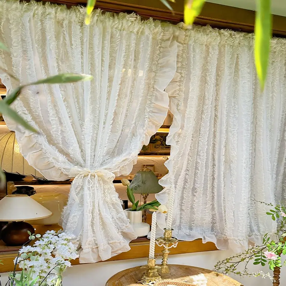 Japanese Style Drapes with Fringe, French Cream Color Window Curtains, Linen Embroidered Half Curtain for Bedroom, Balcony Door Decor