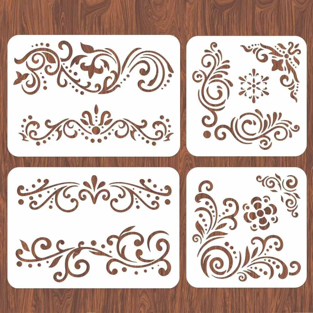 4PCS Flexible Eco-Friendly Translucent Modern Reusable Corner Stencils - 11.6x8.2 Inch, 7.8x7.8 Inch Large Lace Flower Border Scrapbook Materials for Making, Fireplaces, DIY Wall/Tile/Door Decor