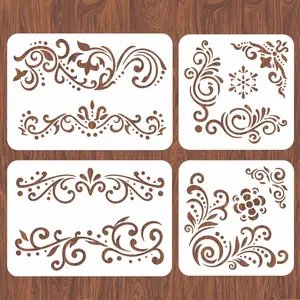 Corner Stencils 4PCS Lace Painting  Reusable Flower Border Wall Stencil Large Pattern Tile Stencil  Floor Furniture Wood
