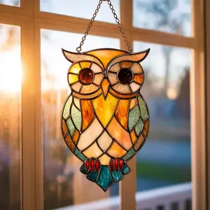 Colorful Owl Suncatcher Acrylic Suncatcher With Stained Glass Pattern Window Hanging Nature Home Decor Gift