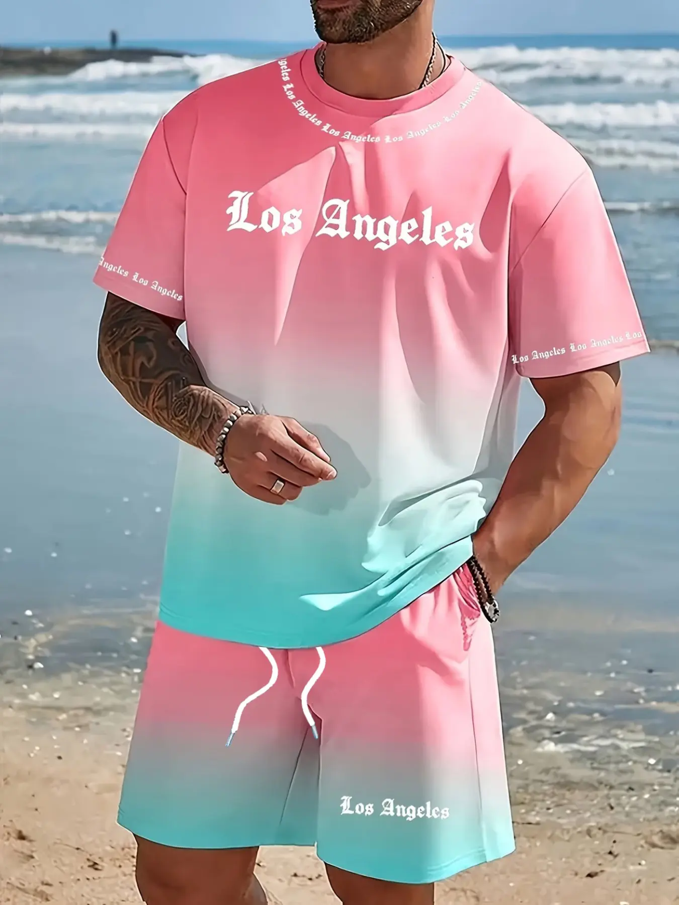 Summer Men's Ombre Print Gradient 2-Piece Set, Short Sleeve T-Shirt & Shorts Set, Casual Beachwear, Essential for Vacation