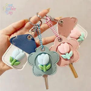 Cute Tulip PU Leather Key & Card Holder, Mini Protective Cover for Door & Electric Bike Keys, Universal Decorative Key Sleeve with Floral Charm