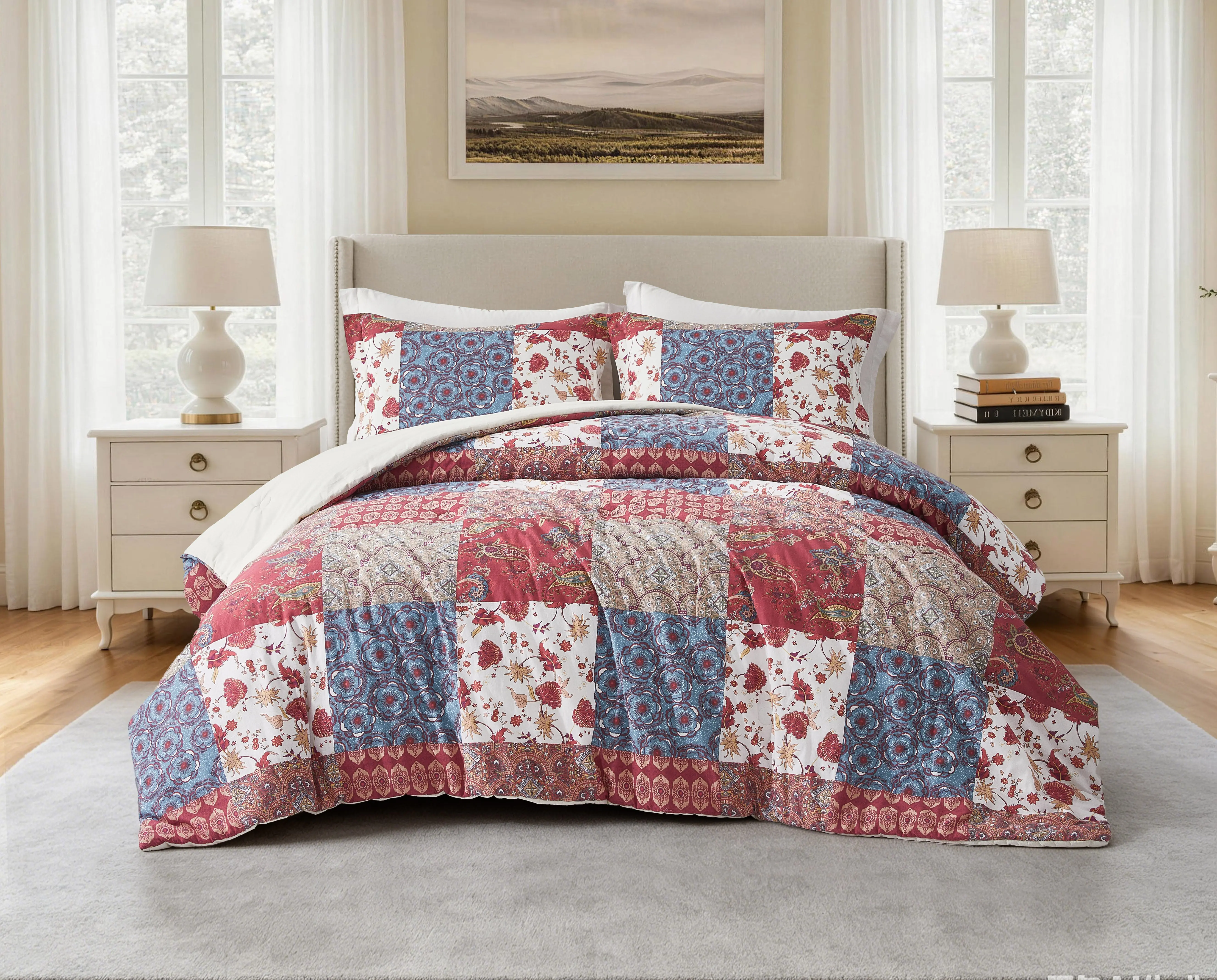 Rowan 2-3-Piece Washed Cotton Comforter Set - Vintage Patchwork, Lightweight All-Season Bedroom Bedding, Multi-Size Option, Set Includes Floral Paisley Linens