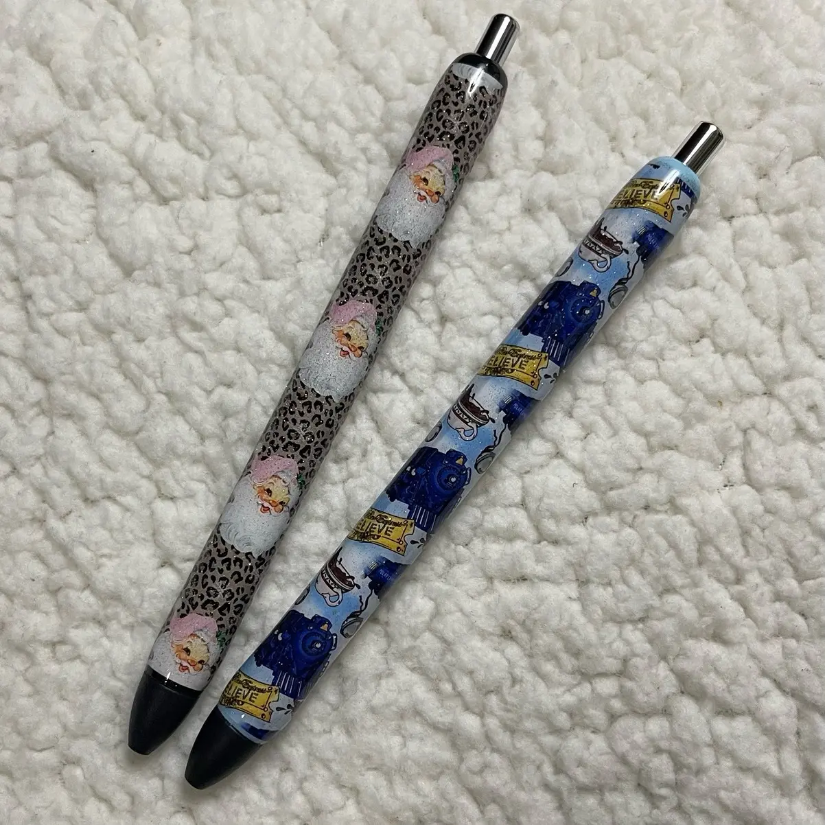 Glitter Christmas Pen, Handmade, Gel Pen, Leopard Santa Pen, Christmas Train Pen