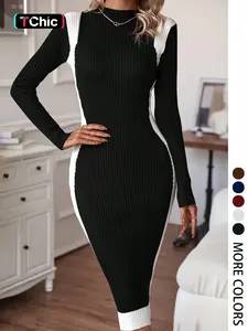 Women's Knit Elegant Commuter Dress, Fall Winter Patterned Half High Neck Long Sleeve Colorblock Knee-Length Slim Fit Sweater Skirt