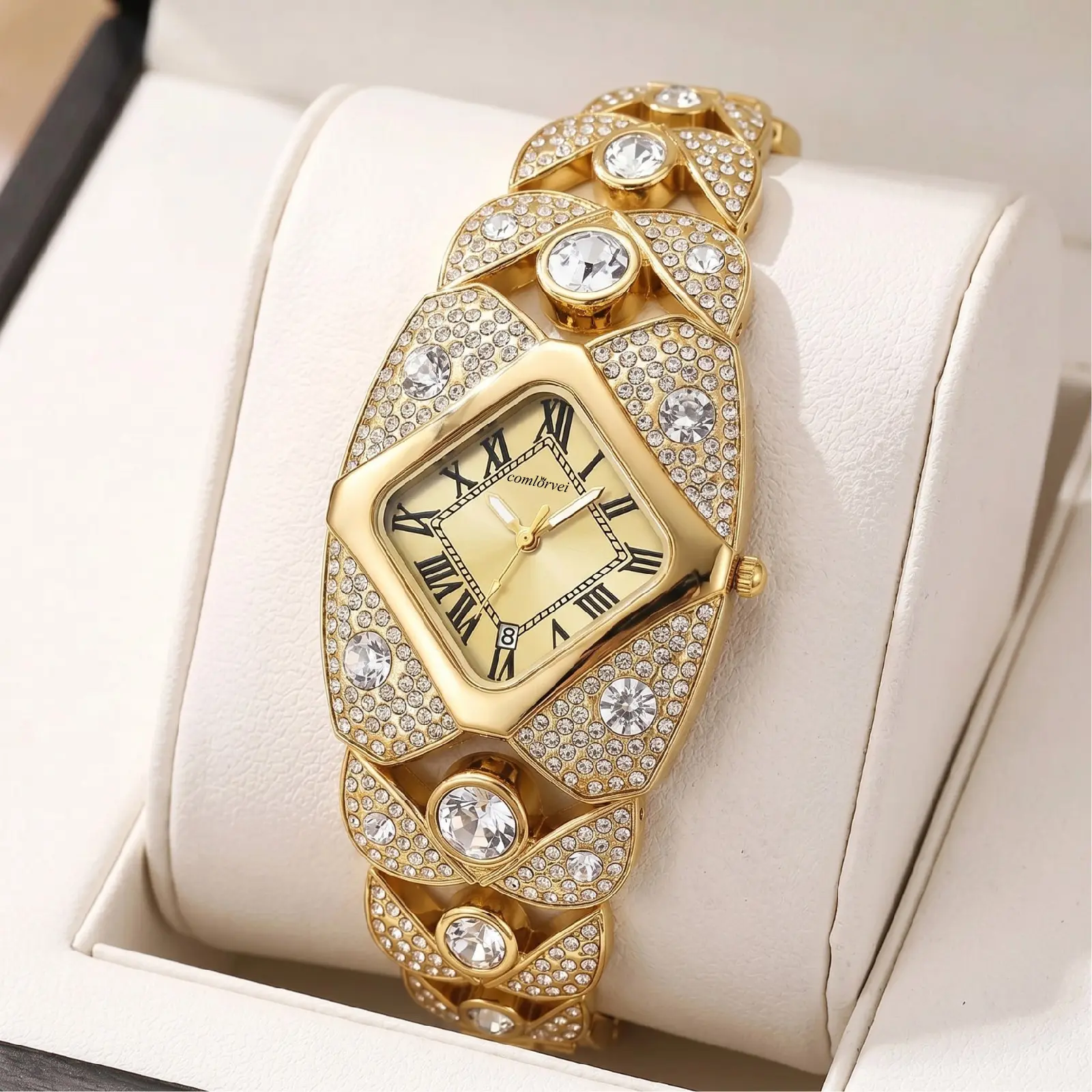 Fashionable stainless steel quartz ladies' watch, suitable as a birthday gift or Valentine's Day gift, luxurious full-diamond bracelet watch, 30-meter water resistance function, elegant and shining jewelry