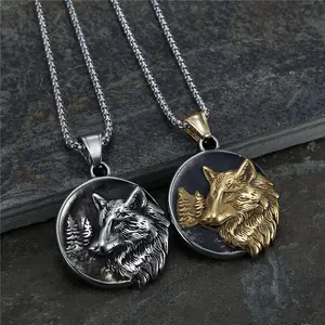 Mens Vintage Norse Viking Rune Gold Wolf Head Pendant Necklace For Men Women