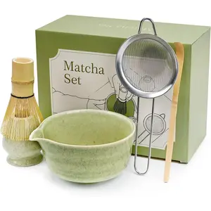 Green Matcha Whisk Making Set -   Kit with Whisk Bowl and  Scoop Ceramic Chawan with Spout for Traditional  Ceremony Complete Matcha Making Tools  for  Lovers (Green, 5 count)