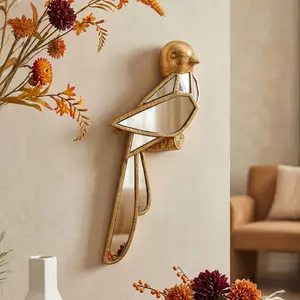 Creative Resin Gold Sparrow Wall Hanging, Mirror Embedded Design, Bird Lovers Collectible, Home Party Animal Museum Decor