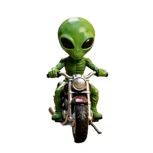 Funny alien riding a model statue, space decoration, for desktop or bookshelf display, ideal gift for sci-fi fans, cute alien design, ornament, funny home decor, art statue, sculptural tabletop decoration