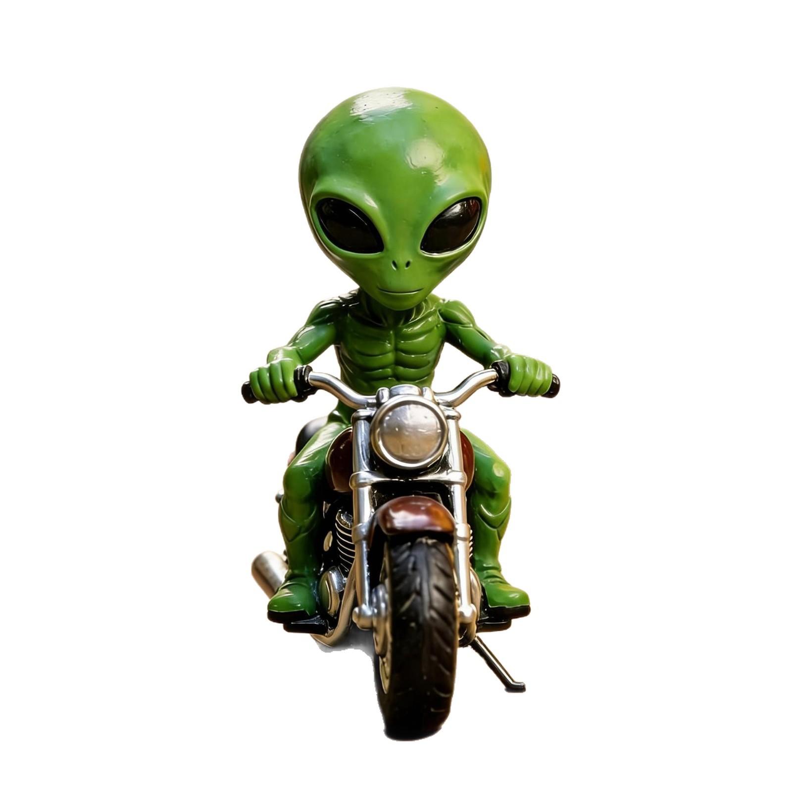 Funny alien riding a model statue, space decoration, for desktop or bookshelf display, ideal gift for sci-fi fans, cute alien design, ornament, funny home decor, art statue, sculptural tabletop decoration