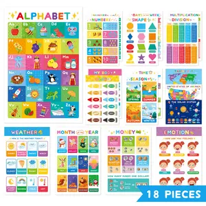 18-Piece Large Pre-K Poster Set (11x16.5 Inches), Modern Laminated Learning Charts for Toddlers, Alphabet Learning Chart, Perfect Home & Classroom Wall Decor, Classroom Supplies Charts