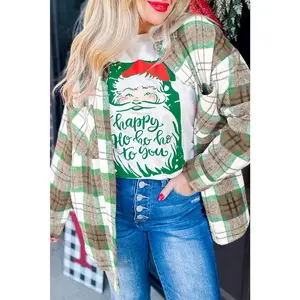 Khaki Christmas Plaid Casual Flannel Shacket