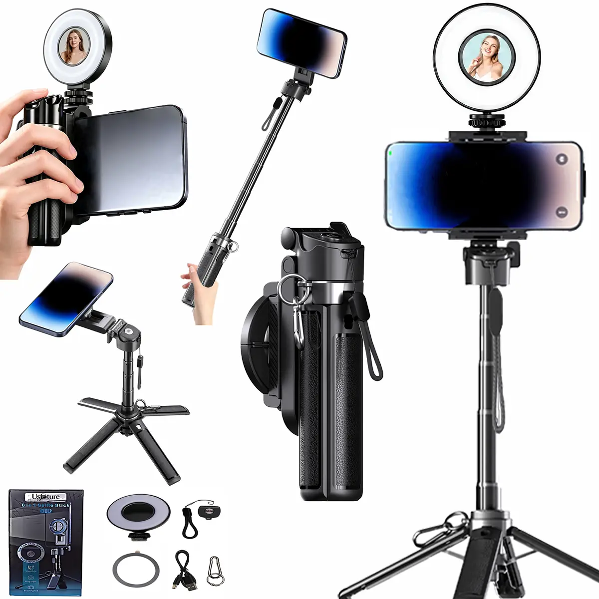 USfoture 6-in-1 Magnetic Mini 20.5'' Selfie Stick for iPhone with LED Light. Can Converts into Mini Tripod/Phone Camera Grip/Handheld Stabilizer/Phone Stand. Selfie Stick with Rechargable Remote