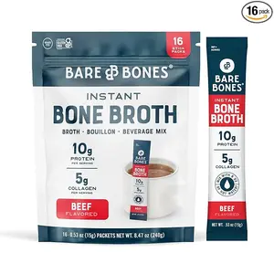Bare Bones Beef Bone Broth Instant Powdered Mix Packets | 5g Collagen | 10g Protein | Keto & Paleo Friendly | No Artificial Flavors | Rich Savory on-the-go 16 Pack