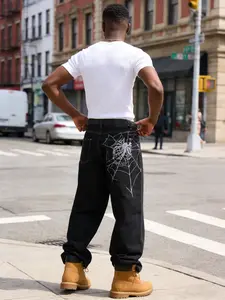 Men's Stylish Spider Web Pattern Embroidered Washed Denim Jeans, Casual Streetwear Loose Fit Versatile Jeans for All Seasons, Comfortable Everyday Wear