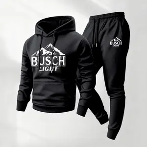 Men's USA Beer Camp Print Hoodie and Drawstring Sweatpants Set, Menswear, Casual Athletic Long Sleeve Hooded Jacket & Trousers for Fall & Winter, Men's Clothing for Daily Wear, Sportswear Indoor Outdoor, Tracksuit, Athleisure Summer Clothes