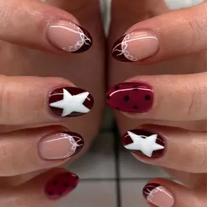 24pcs Short Oval French Press-On Nails, Star Cartoon Polka Dot Ribbon Bow Design, Glossy Acrylic False Nails Set for Women and Girls, DIY Nail Art, Salon Quality Nails