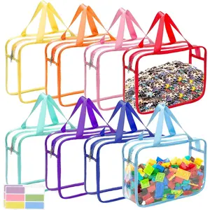 8 Packs 8 Colors Large Toy Storage Bags with Zipper and Labels, Clear PVC Waterproof Toy Organizers Bags for Board Games, Puzzles Pieces, Building Blocks, Handmade Accessories, Kid Books