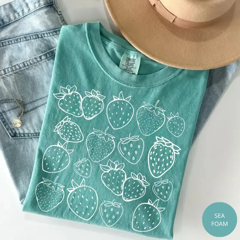 Women's Cotton Ribbed Crew Short-Sleeve Graphic T-Shirt - Round Neck Vintage Retro Strawberry Printed Cottagecore Top, Botanical Fruit Fabric Tee, Gift for Gardeners, Crew Neck, Digital Print, Shortsleeve, Casual, Lady, Fade-Resistant, Clothes, Basic