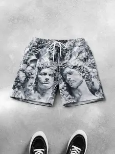 Mens graphic swim trunks grayscale statue print drawstring Comfortable for museum stair fit check city weekend travel pool day desert lineup and rooftop break art driven marble face pattern made for standout summer movement