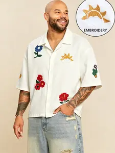 Men's White Sun Cactus Floral Embroidery Cuban Collar Short Sleeve Shirt, Casual Vacation Streetwear Button‑Up Top, Loose Fit Tropical Summer Blouse for Gen Z